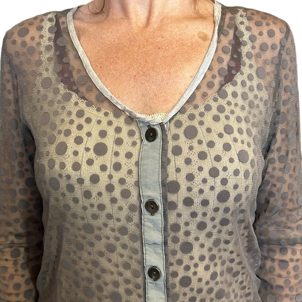 Neesh by D.A.R Anthropologie Sheer Polka Dot Cardigan Top Gray/Brown M - Picture 6 of 11